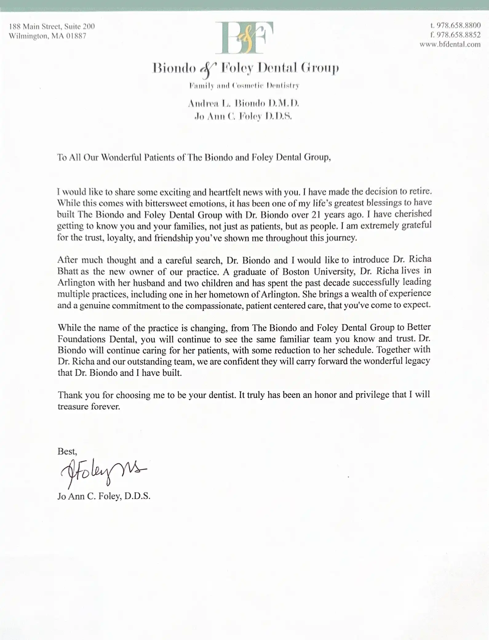 Letter from Dr. Jo Ann C. Foley and Dr. Andrea L. Biondo
